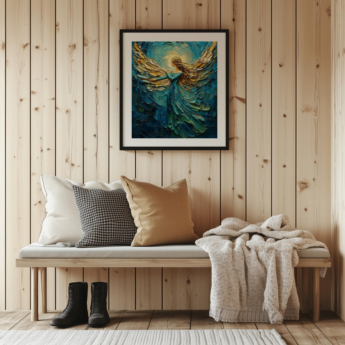 Golden Angel Christmas art print shown in a room setting