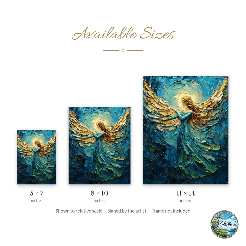 Golden Angel art print size guide: 5x7, 8x10 and 11x14
