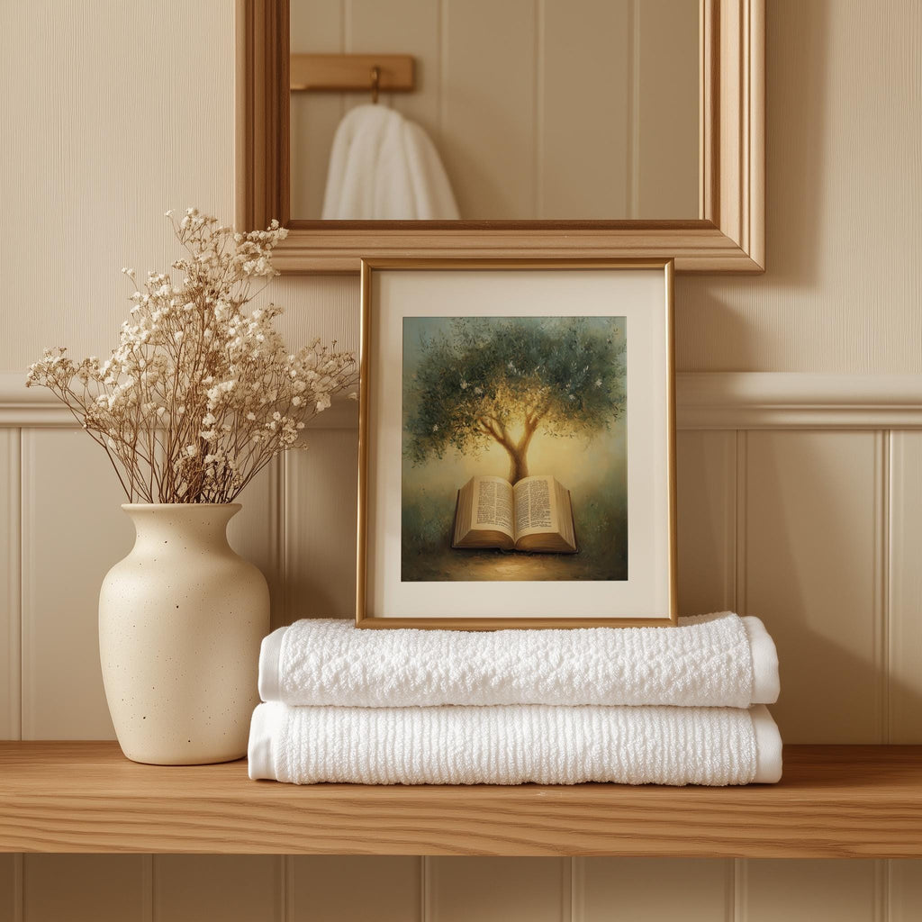 Bible Olive Tree faith art print shown in a room setting