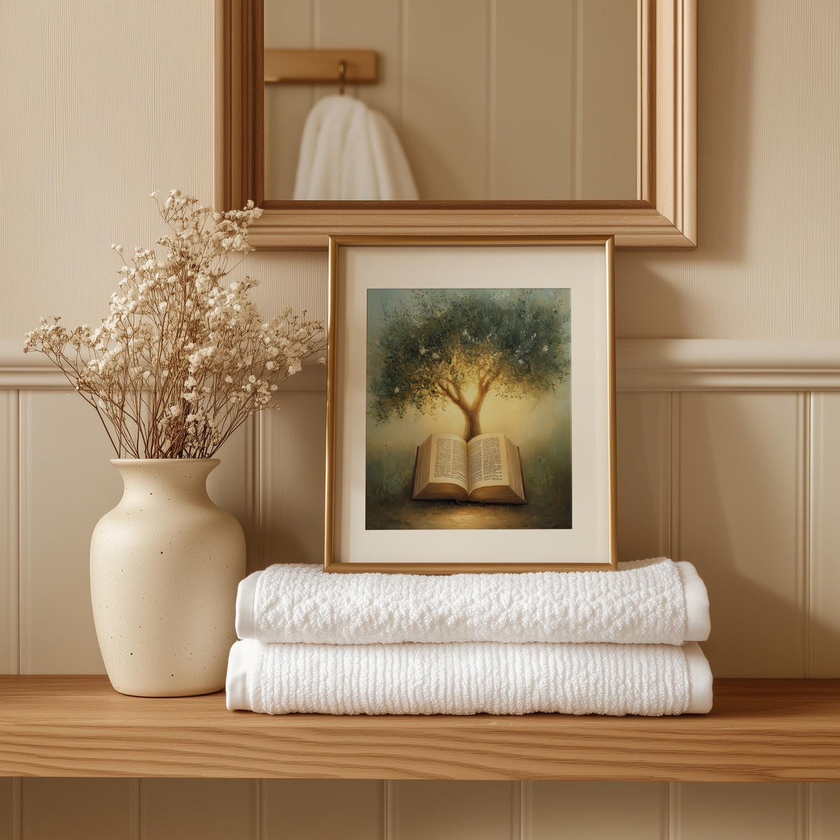 Bible Olive Tree faith art print shown in a room setting