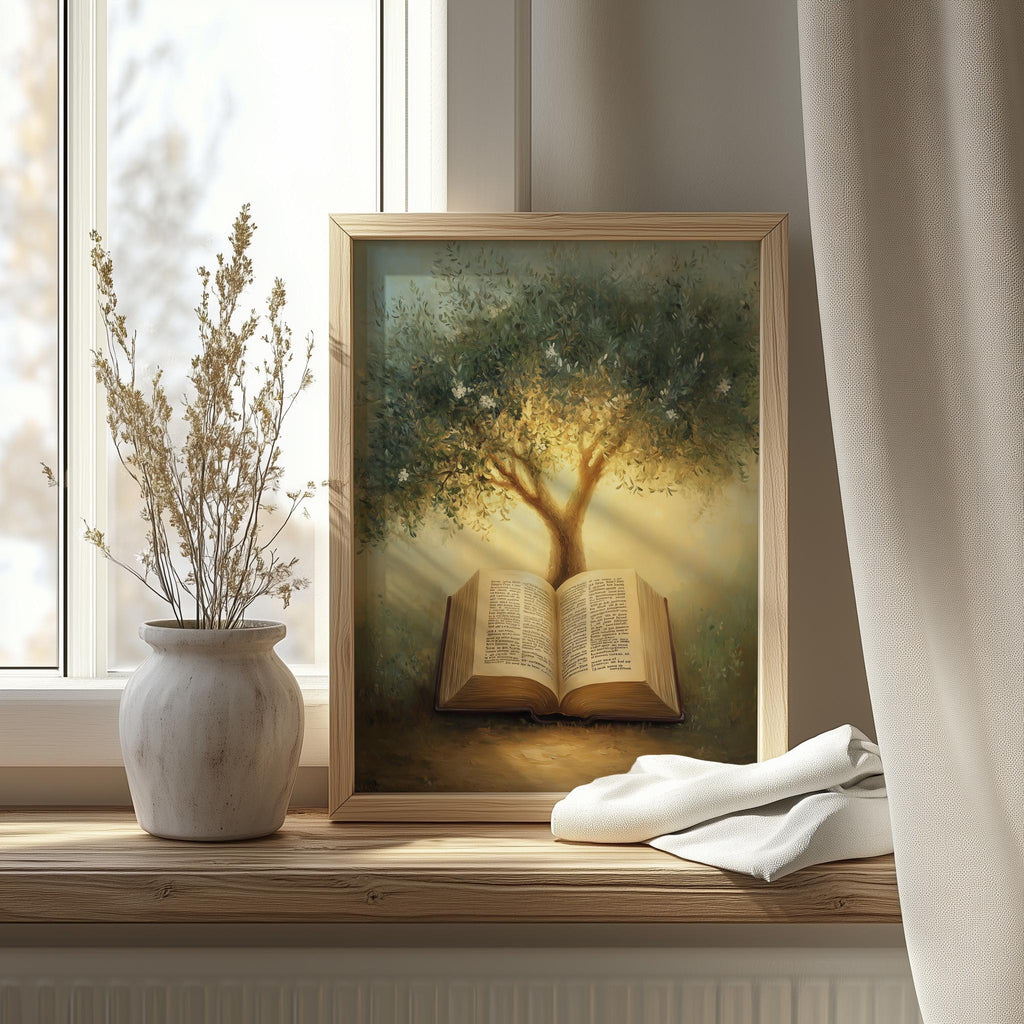 Bible Olive Tree faith art print shown in a room setting