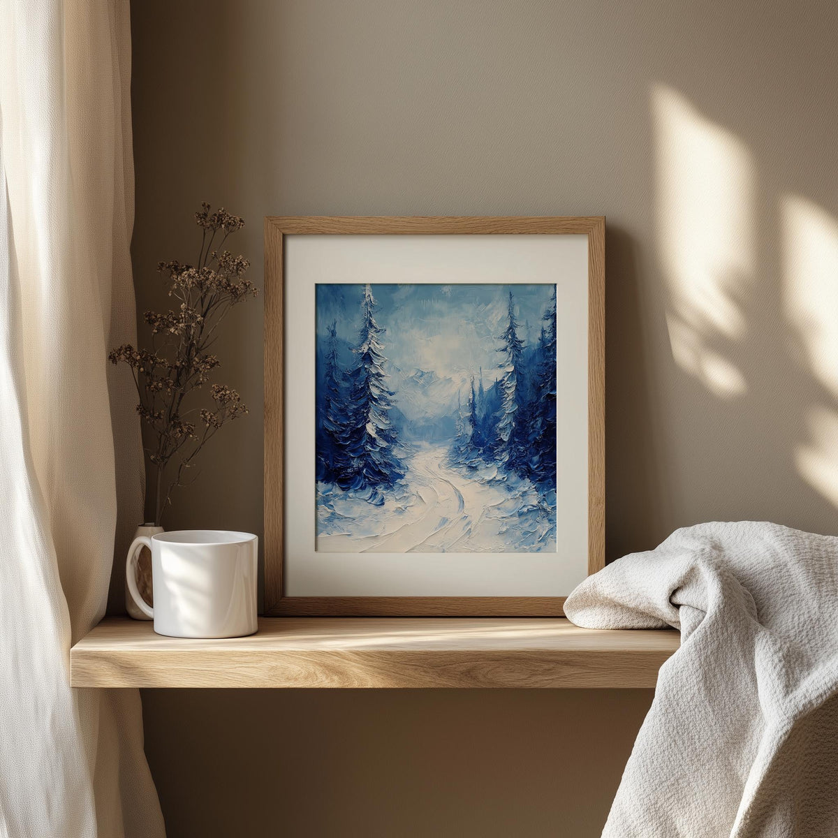 Forest Path winter art print shown in a room setting