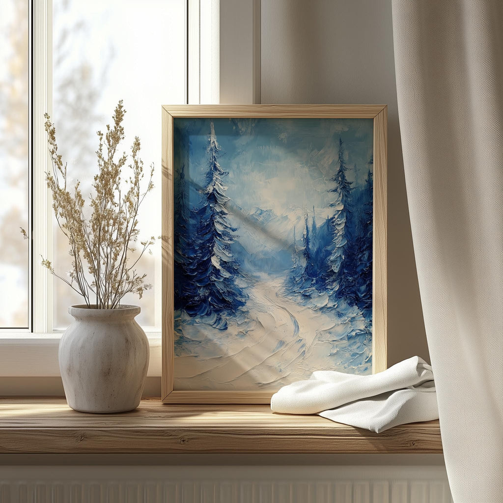 Forest Path winter art print shown in a room setting