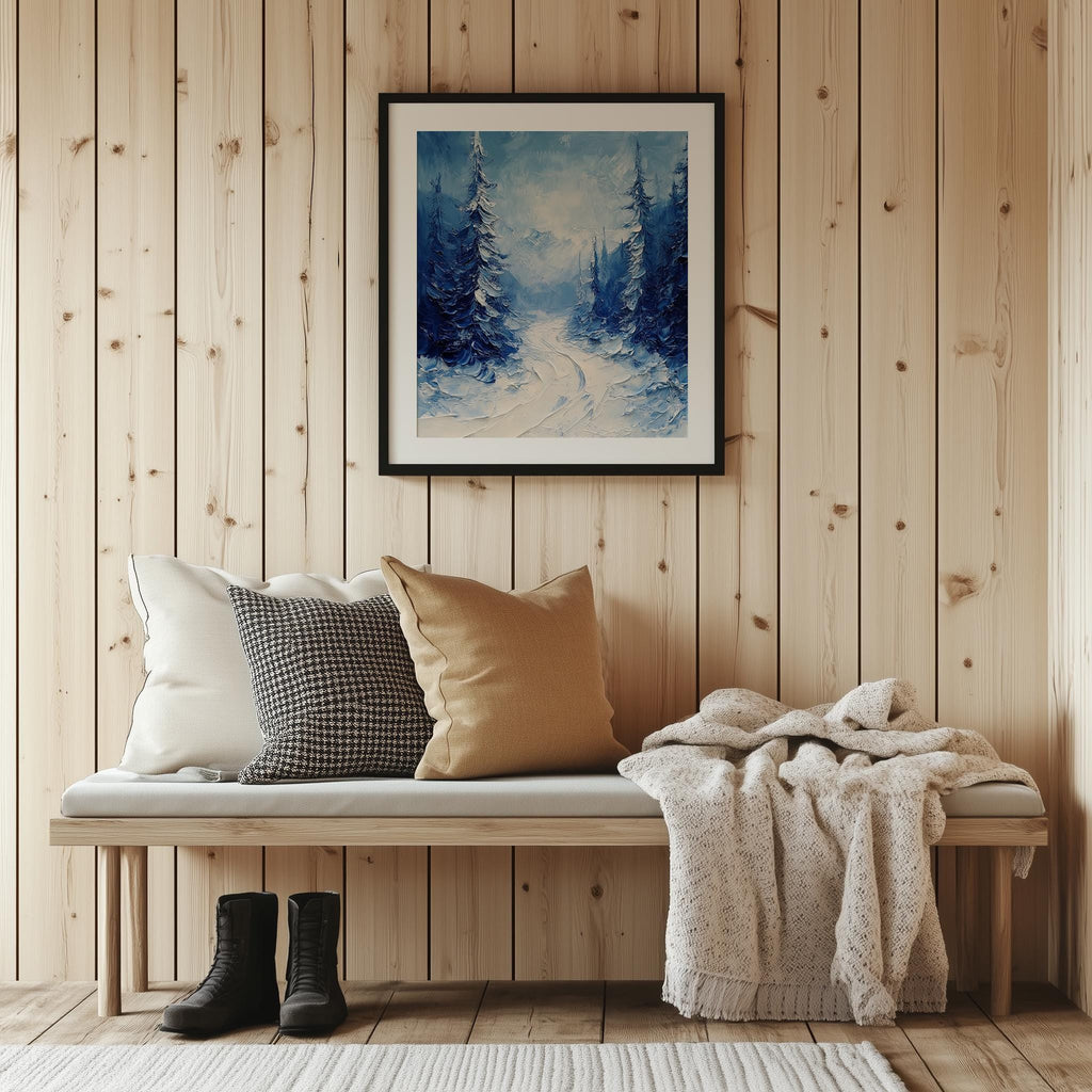 Forest Path winter art print shown in a room setting