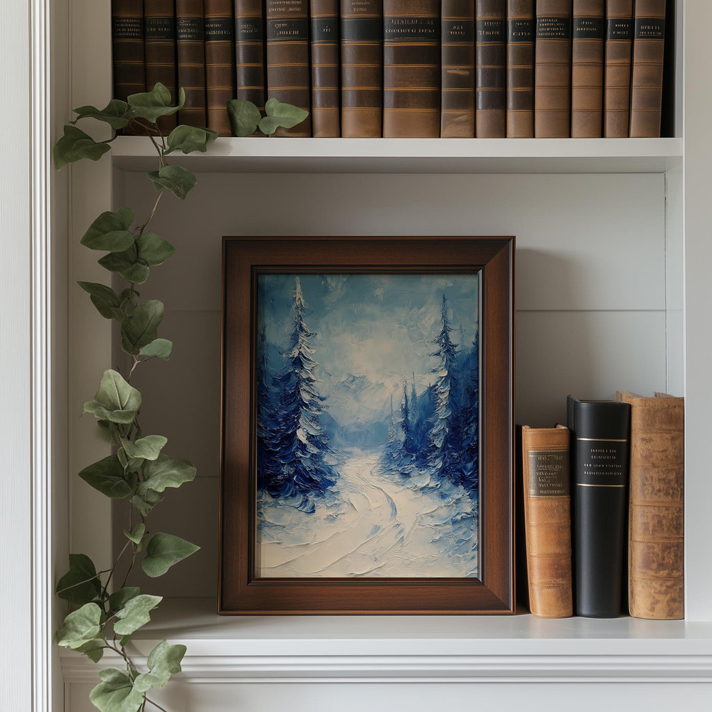 Forest Path winter art print shown in a room setting