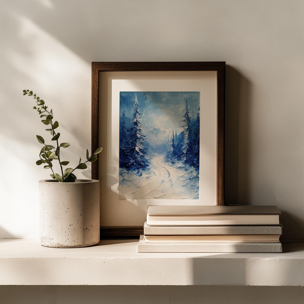 Forest Path winter art print shown in a room setting