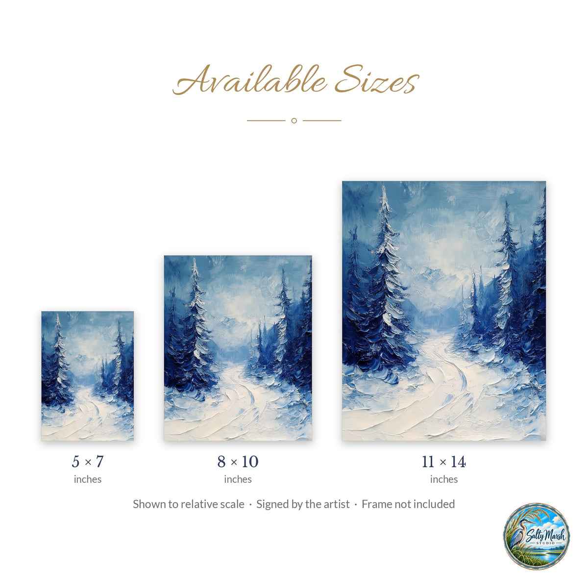 Forest Path art print size guide: 5x7, 8x10 and 11x14