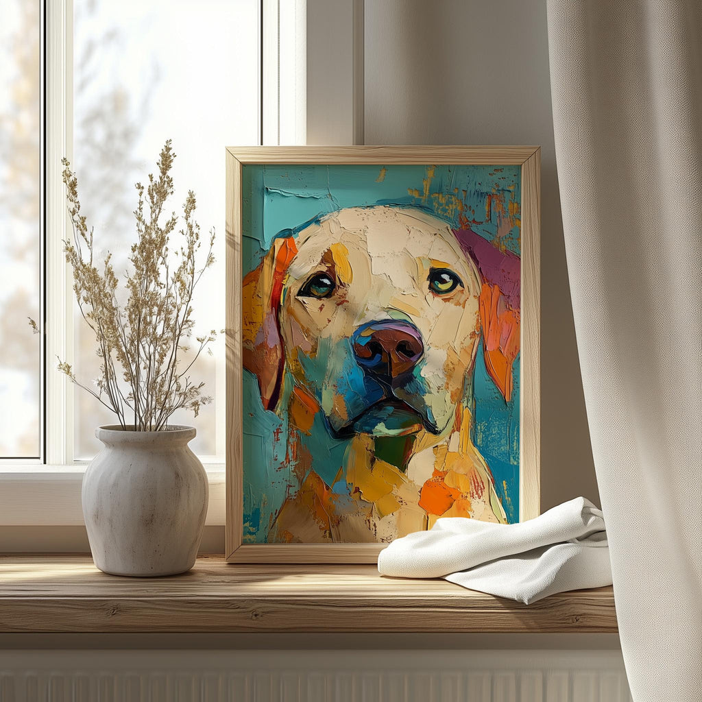 Yellow Labrador animal art print shown in a room setting