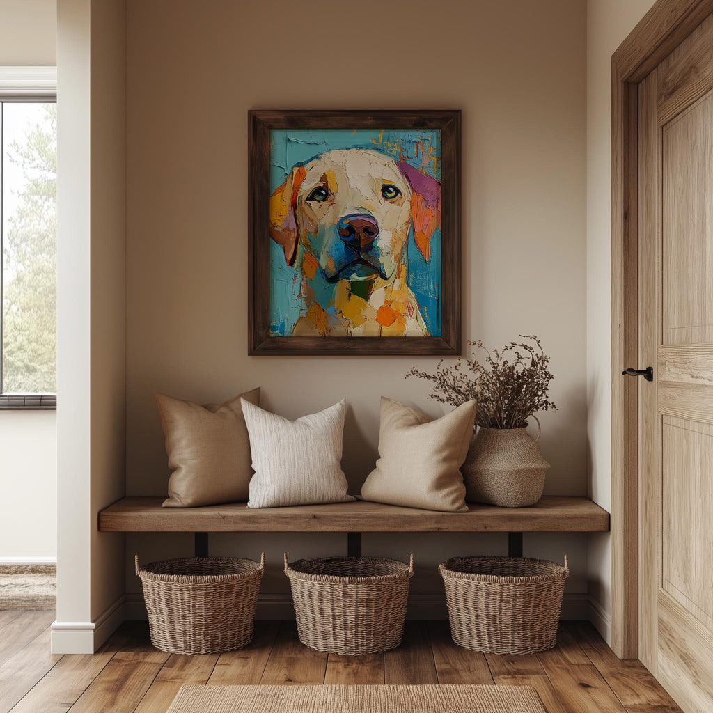 Yellow Labrador animal art print shown in a room setting