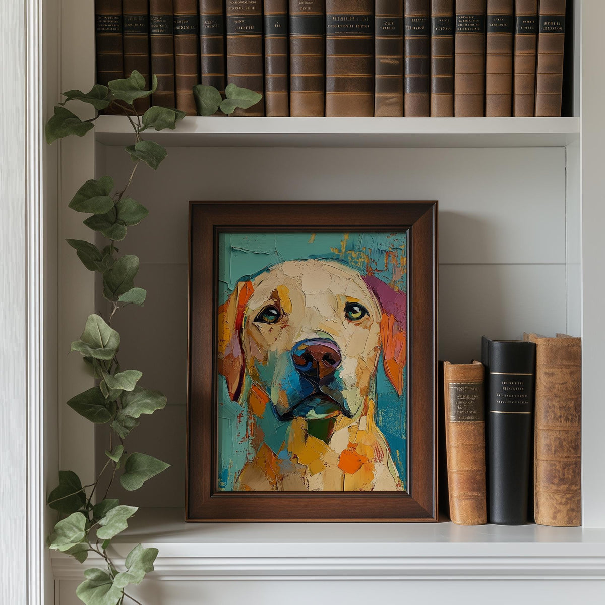Yellow Labrador animal art print shown in a room setting