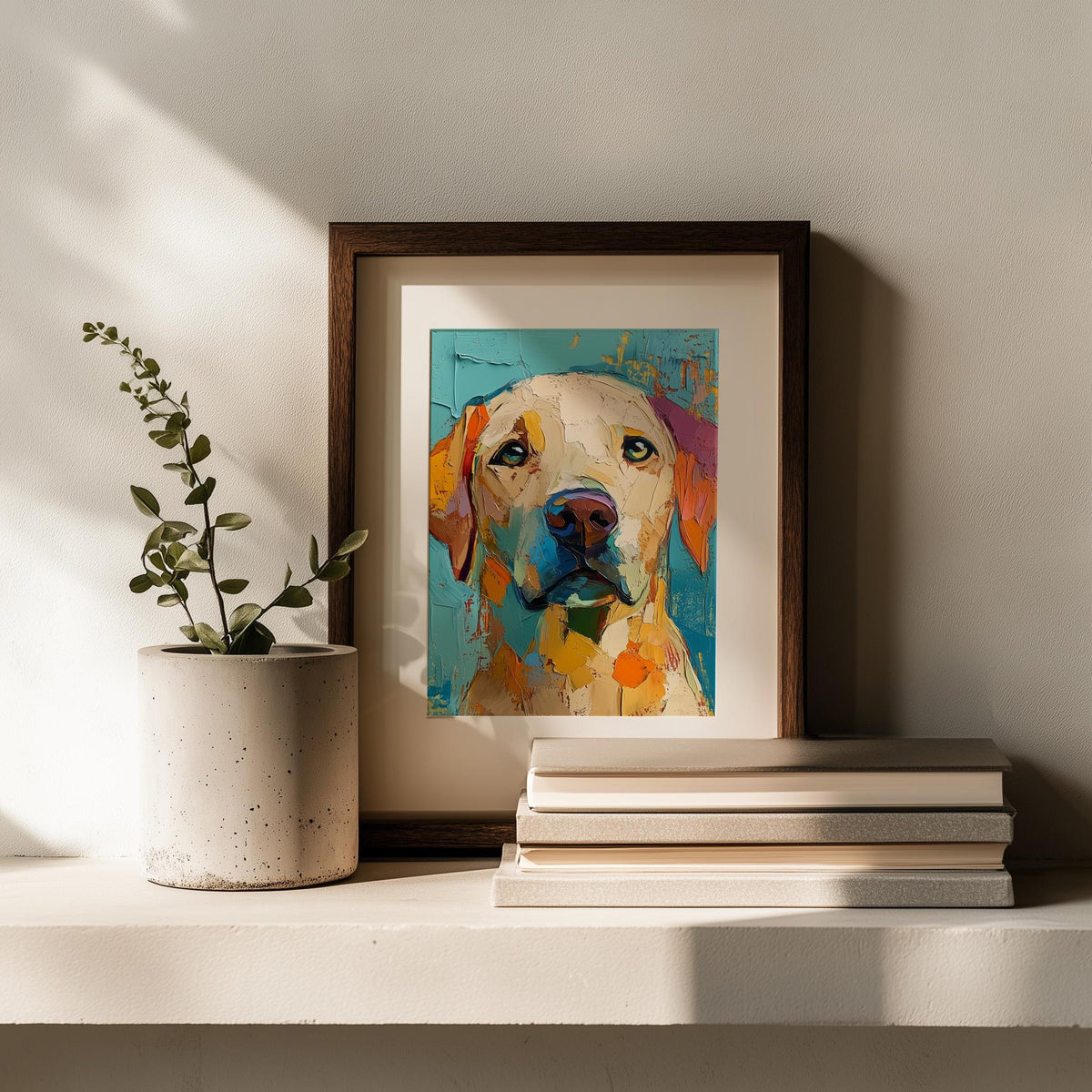 Yellow Labrador animal art print shown in a room setting