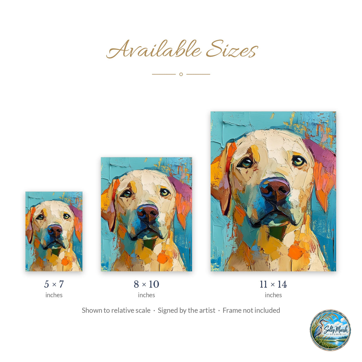Yellow Labrador art print size guide: 5x7, 8x10 and 11x14