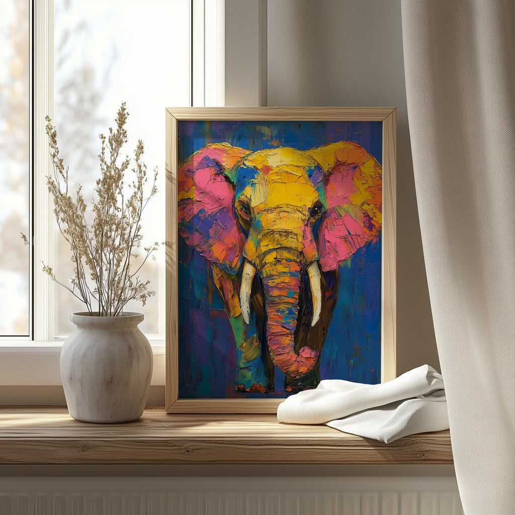 Colorful Elephant animal art print shown in a room setting