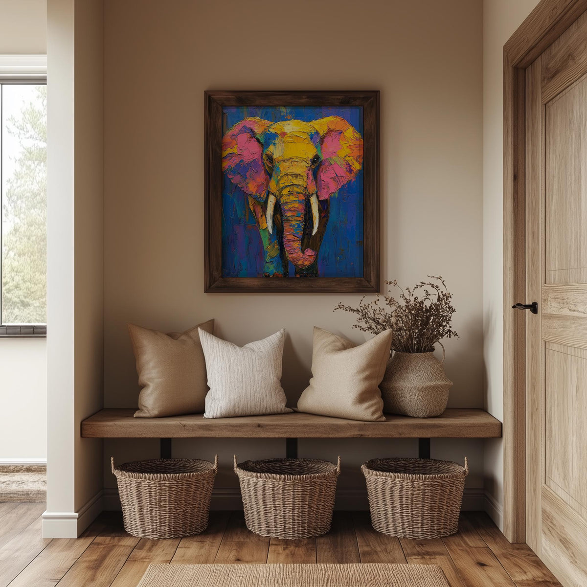 Colorful Elephant animal art print shown in a room setting