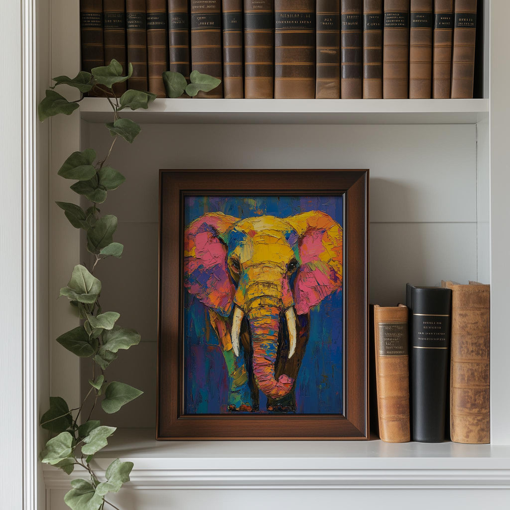 Colorful Elephant animal art print shown in a room setting