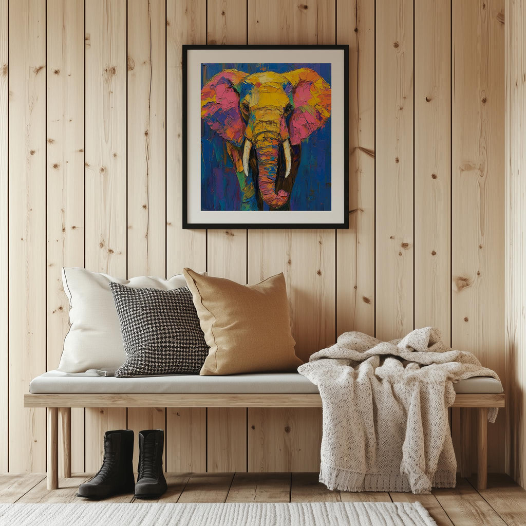 Colorful Elephant animal art print shown in a room setting