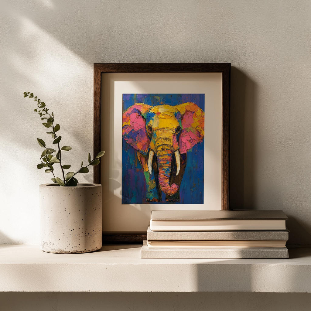 Colorful Elephant animal art print shown in a room setting