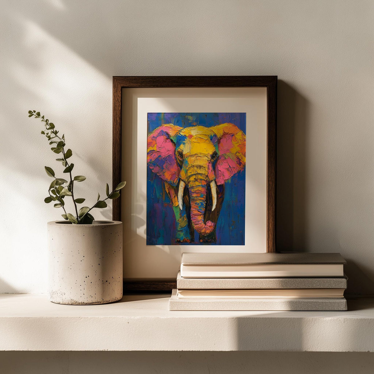 Colorful Elephant animal art print shown in a room setting