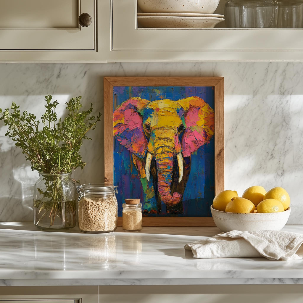 Colorful Elephant animal art print shown in a room setting