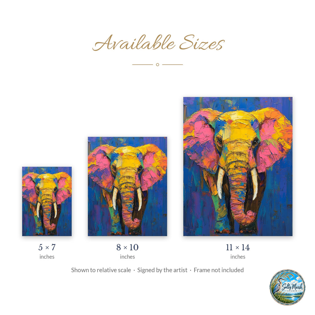 Colorful Elephant art print size guide: 5x7, 8x10 and 11x14