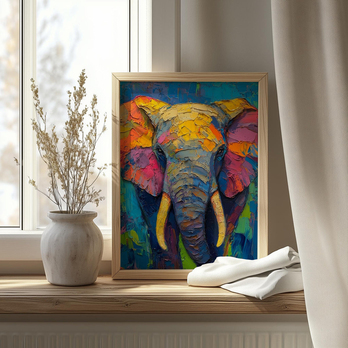 Rainbow Elephant animal art print shown in a room setting