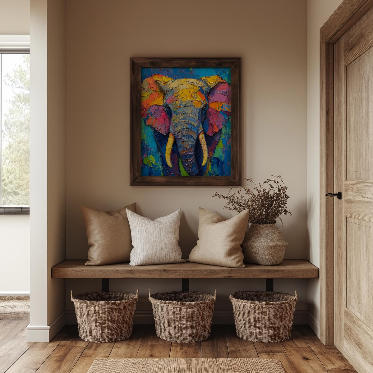 Rainbow Elephant animal art print shown in a room setting