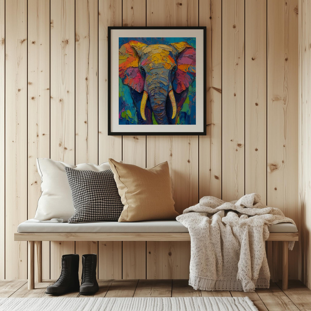 Rainbow Elephant animal art print shown in a room setting