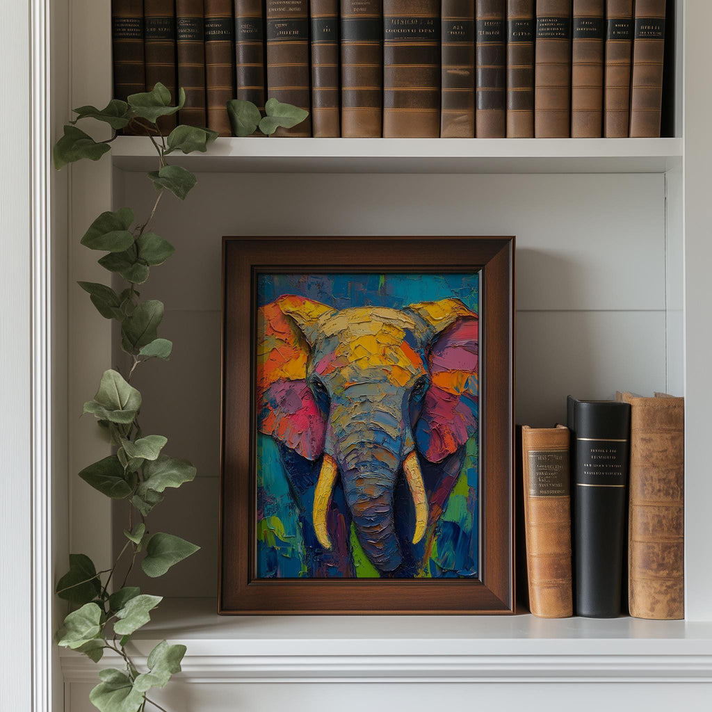 Rainbow Elephant animal art print shown in a room setting