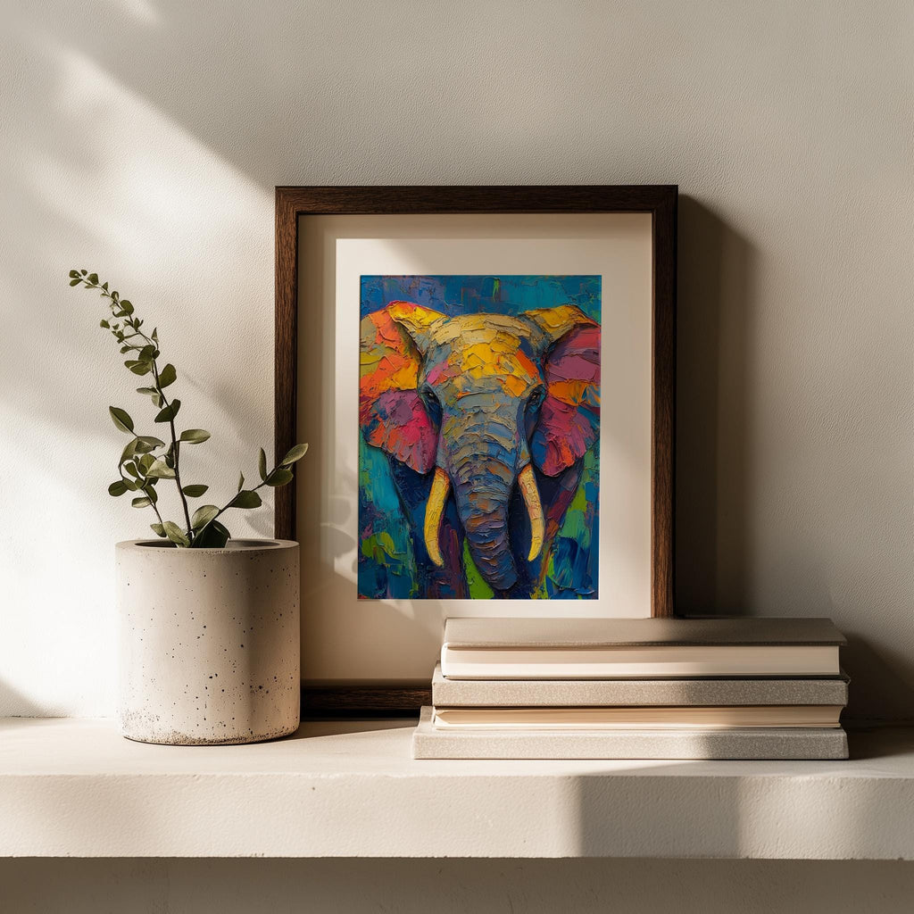 Rainbow Elephant animal art print shown in a room setting