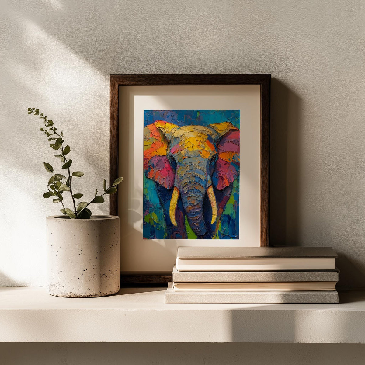 Rainbow Elephant animal art print shown in a room setting