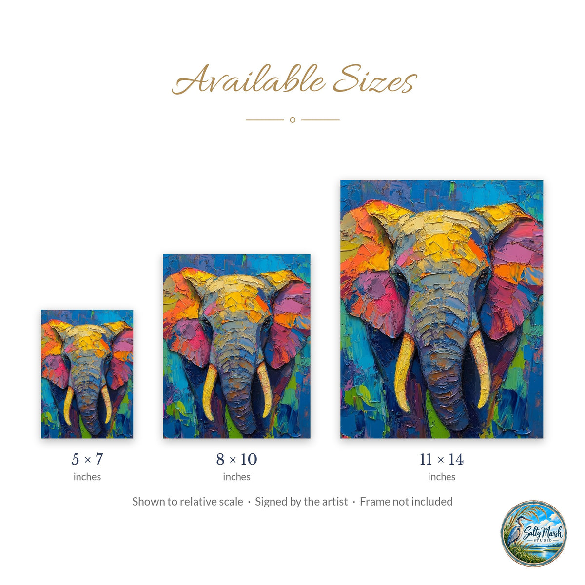 Rainbow Elephant art print size guide: 5x7, 8x10 and 11x14