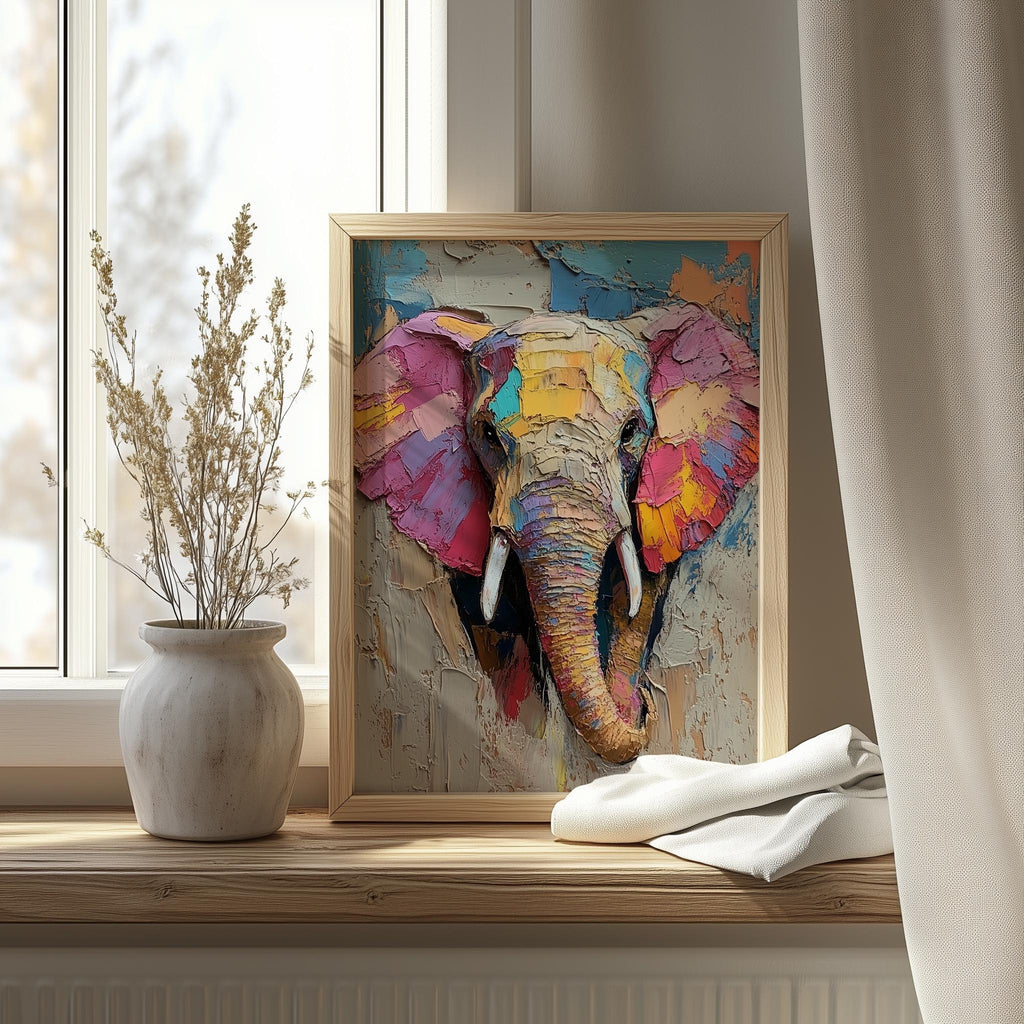Abstract Elephant animal art print shown in a room setting