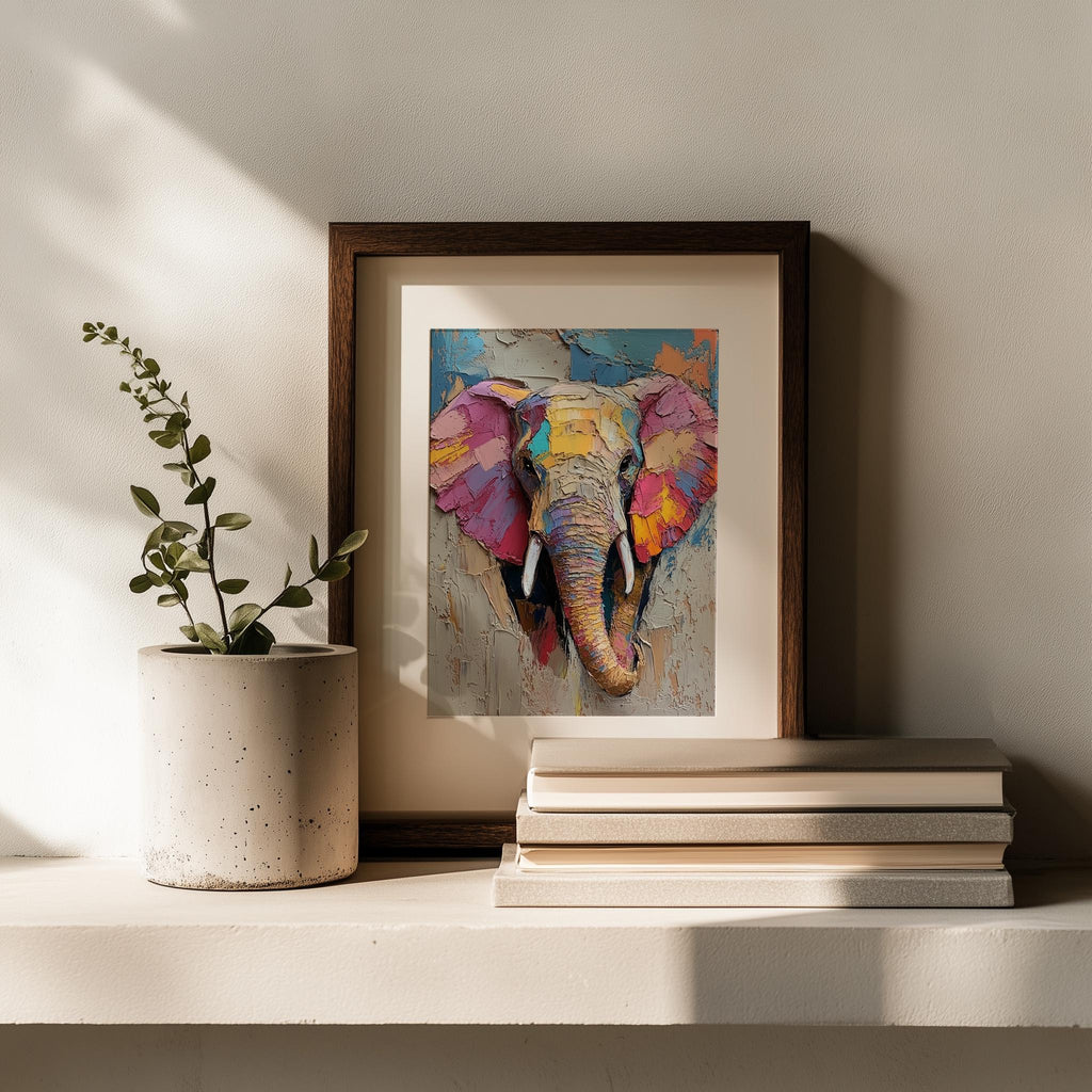 Abstract Elephant animal art print shown in a room setting