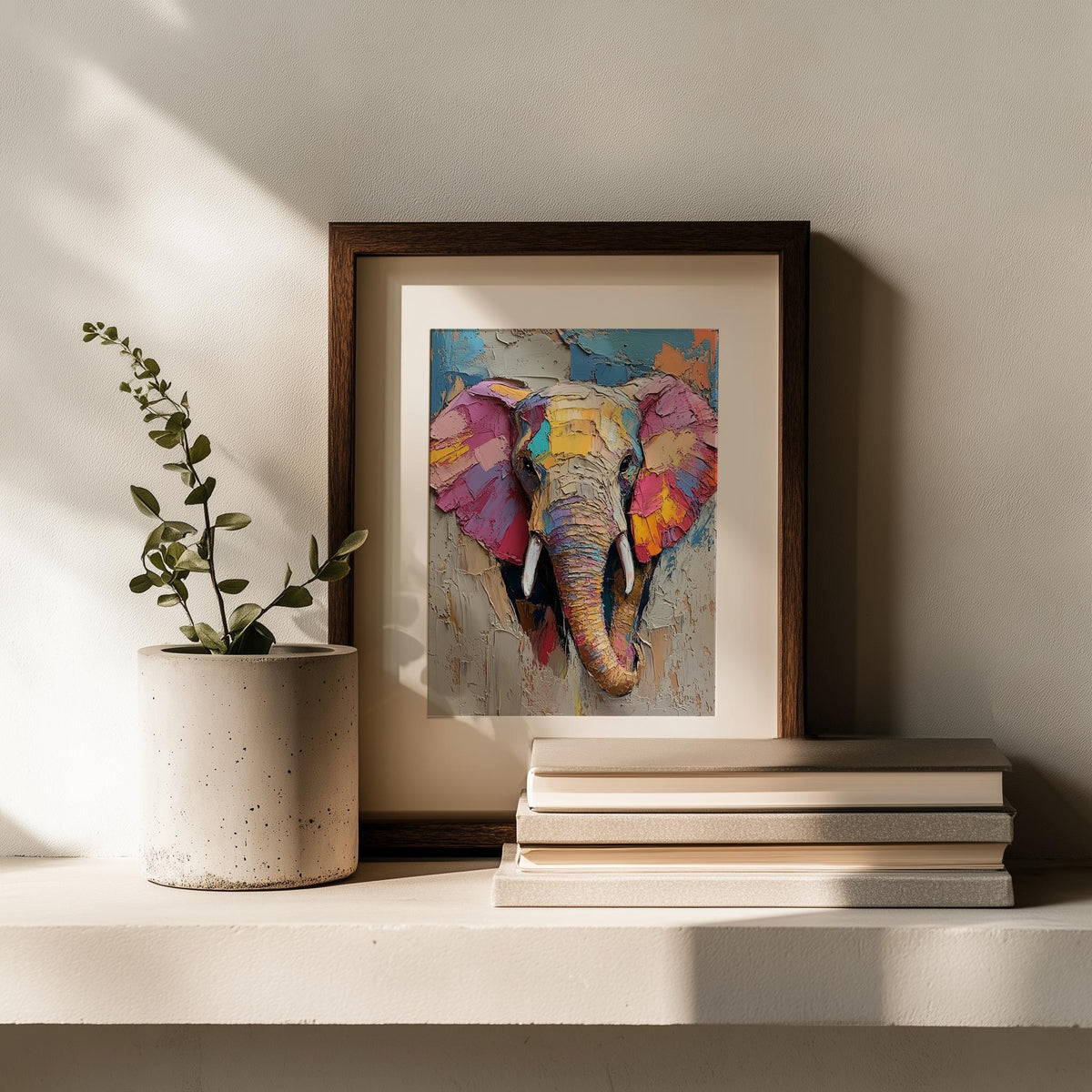 Abstract Elephant animal art print shown in a room setting