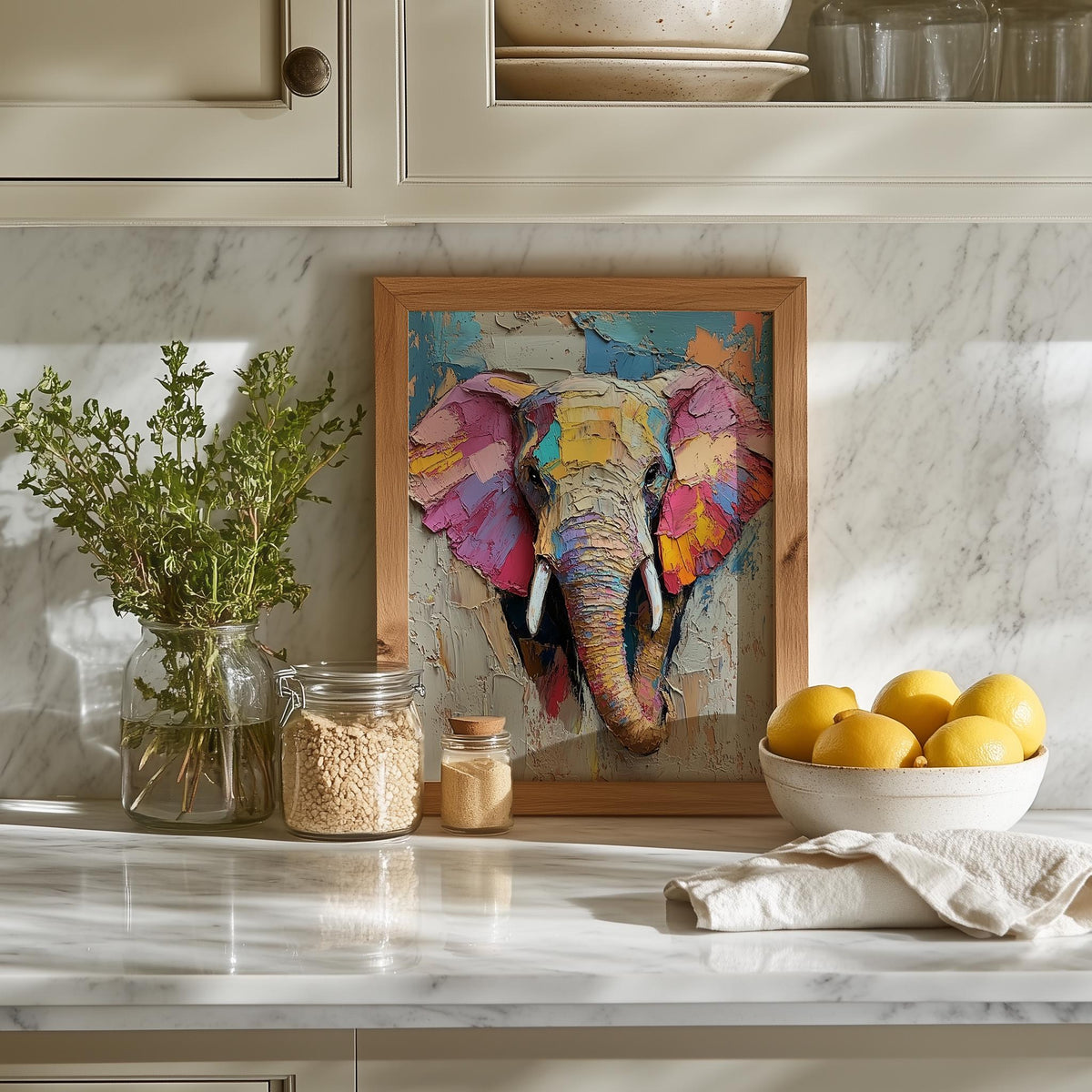 Abstract Elephant animal art print shown in a room setting