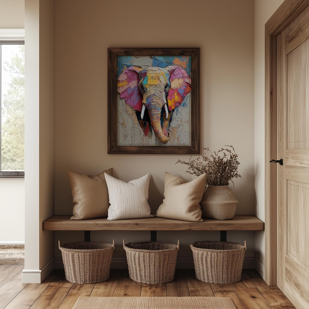 Abstract Elephant animal art print shown in a room setting