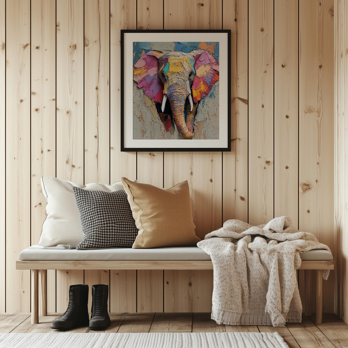 Abstract Elephant animal art print shown in a room setting