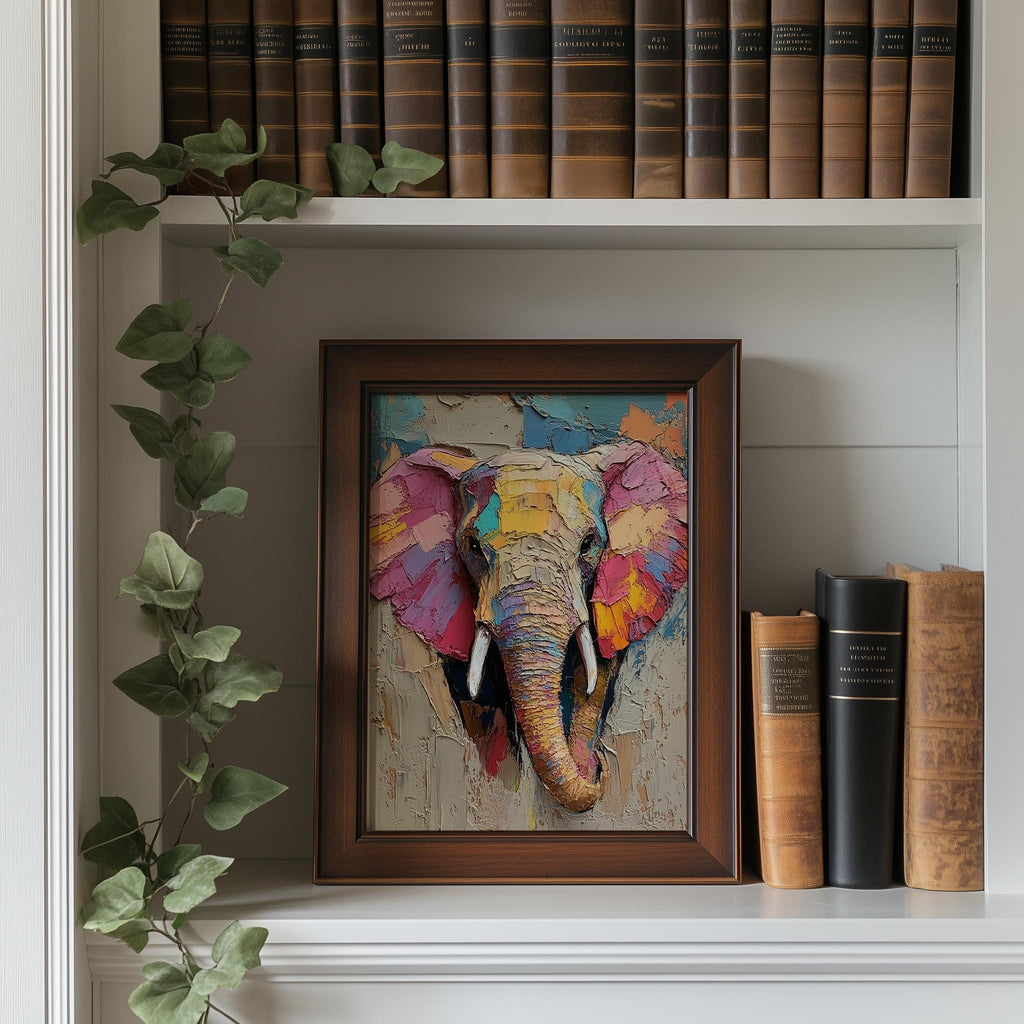 Abstract Elephant animal art print shown in a room setting
