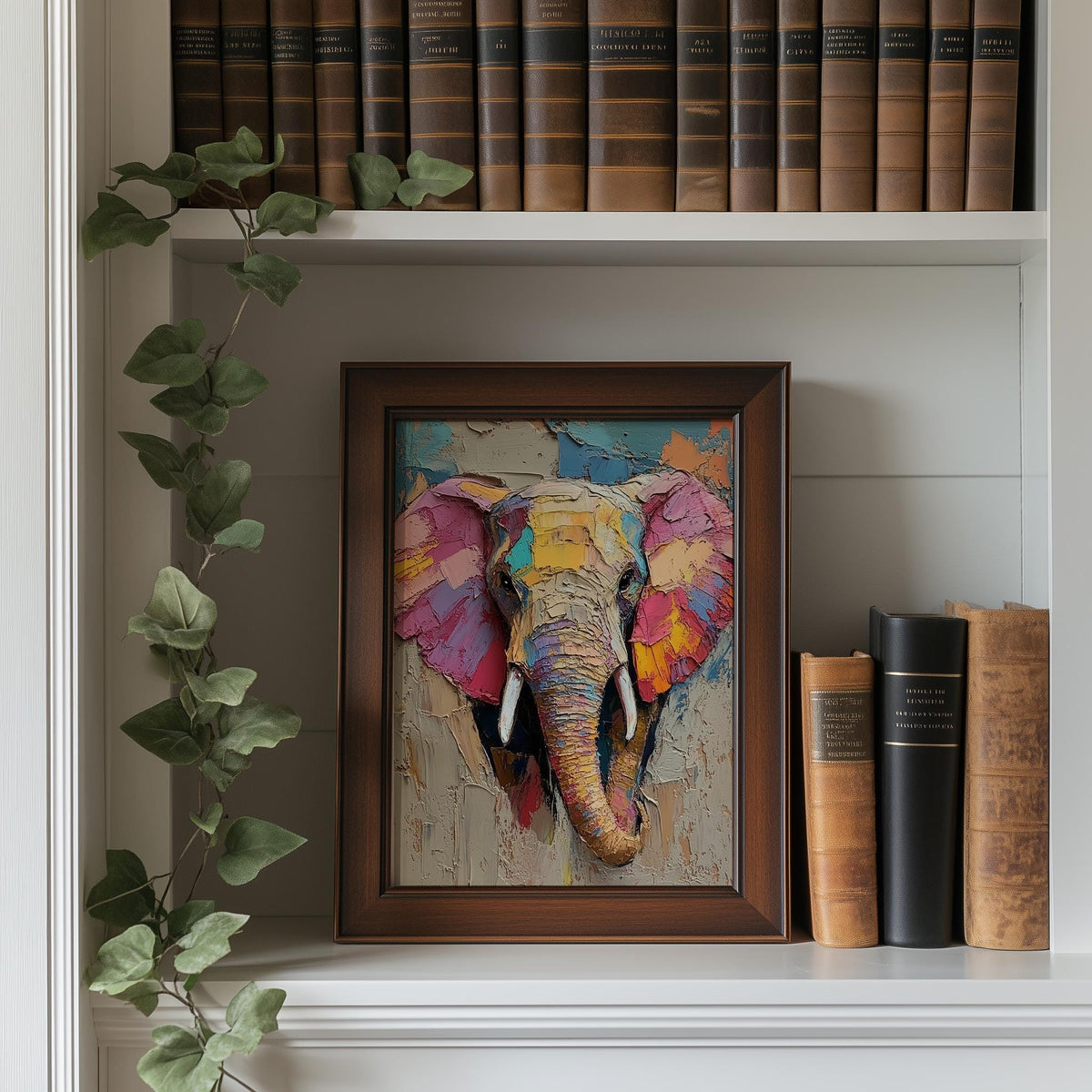 Abstract Elephant animal art print shown in a room setting