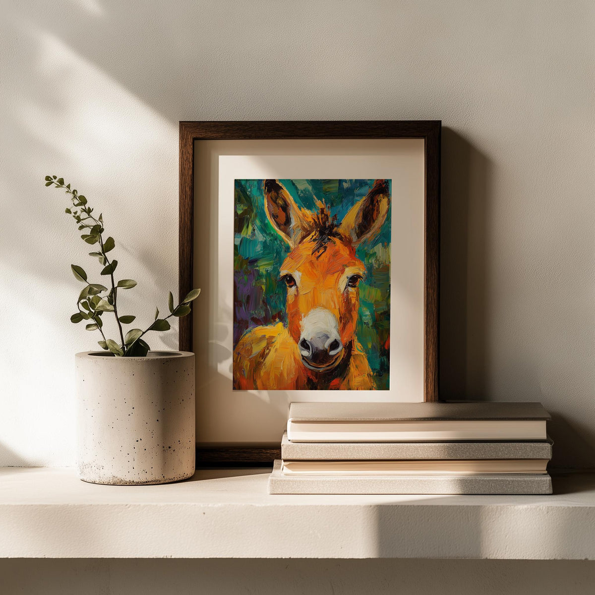 Donkey Portrait animal art print shown in a room setting