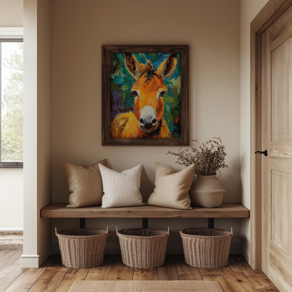 Donkey Portrait animal art print shown in a room setting