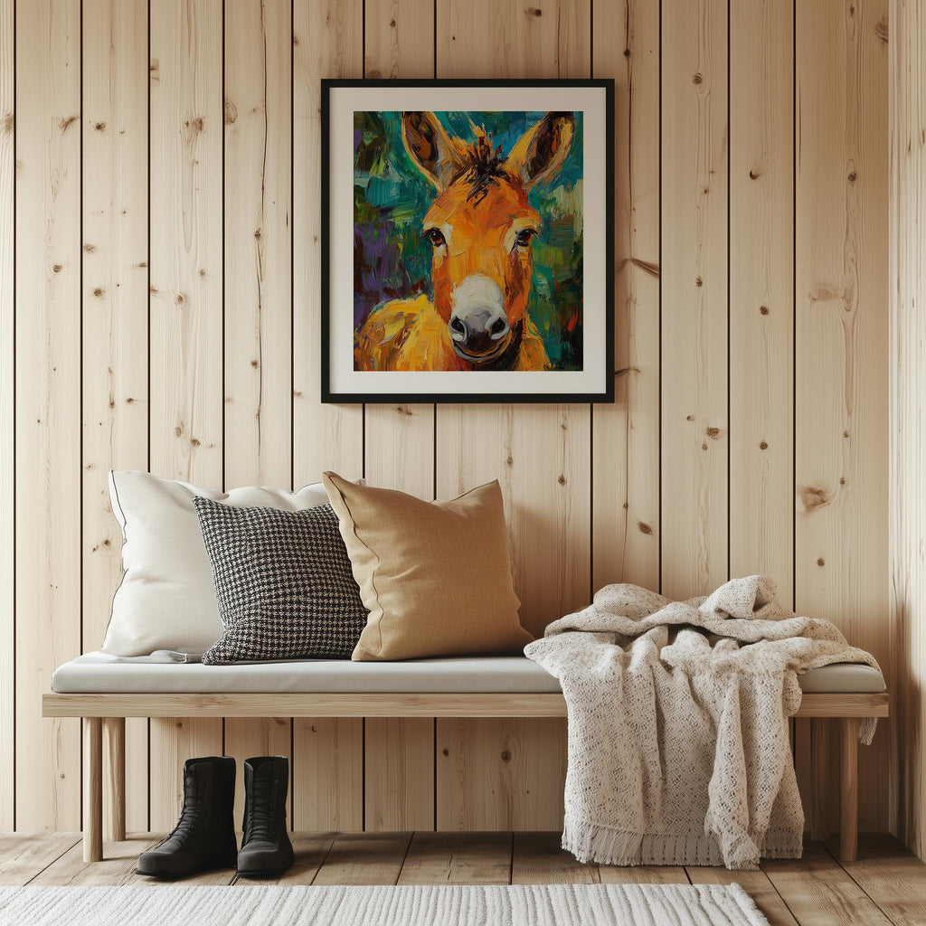 Donkey Portrait animal art print shown in a room setting
