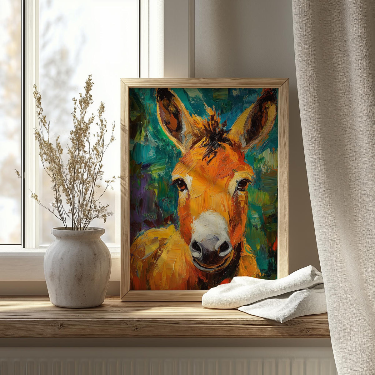 Donkey Portrait animal art print shown in a room setting