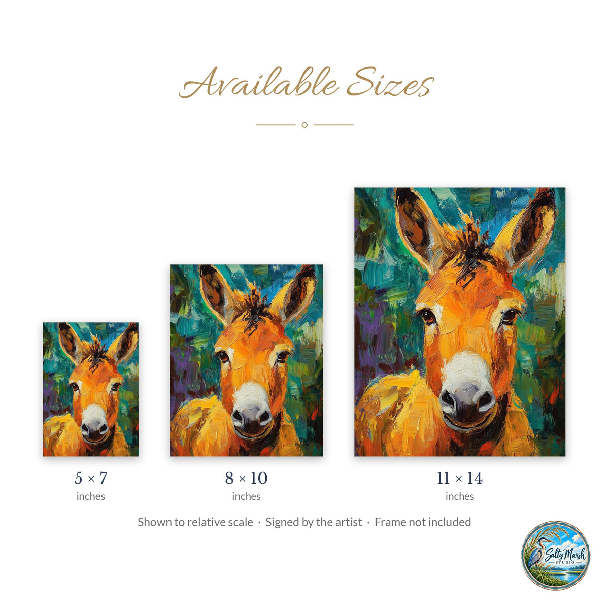 Donkey Portrait art print size guide: 5x7, 8x10 and 11x14