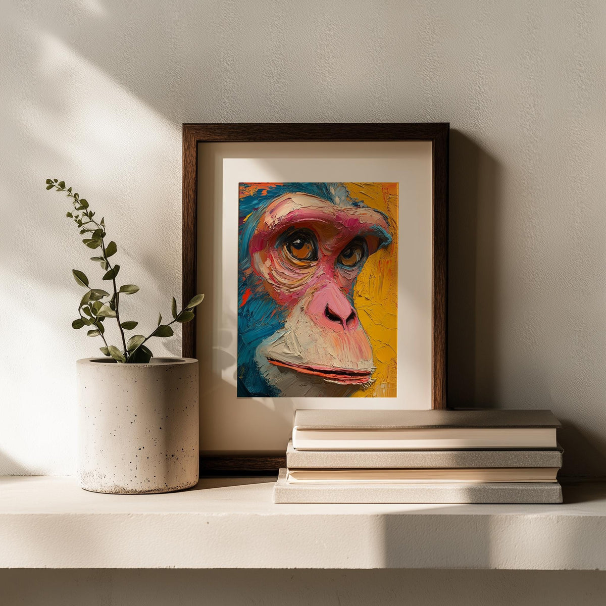 Abstract Monkey animal art print shown in a room setting
