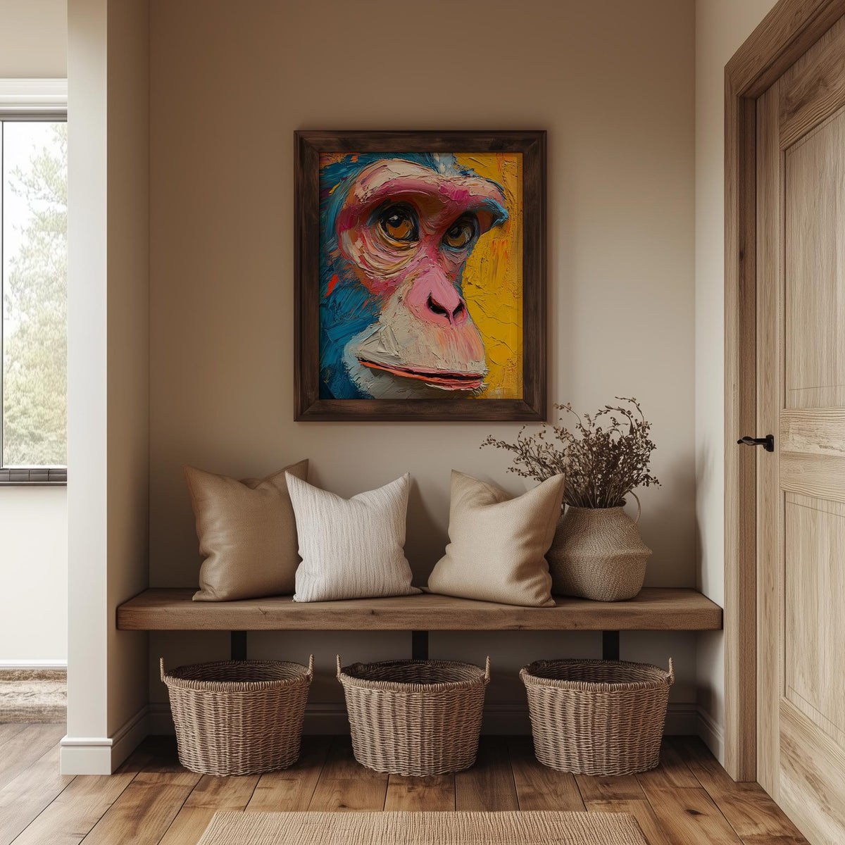 Abstract Monkey animal art print shown in a room setting