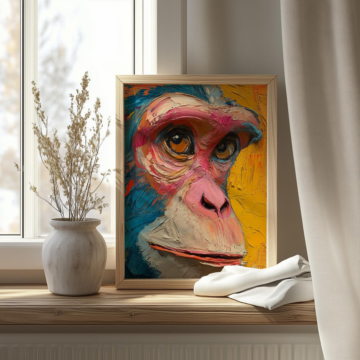 Abstract Monkey animal art print shown in a room setting
