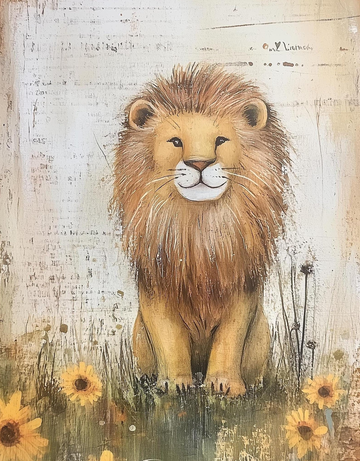 Wildflower Lion animal art print unframed, signed by Pattie Overcash