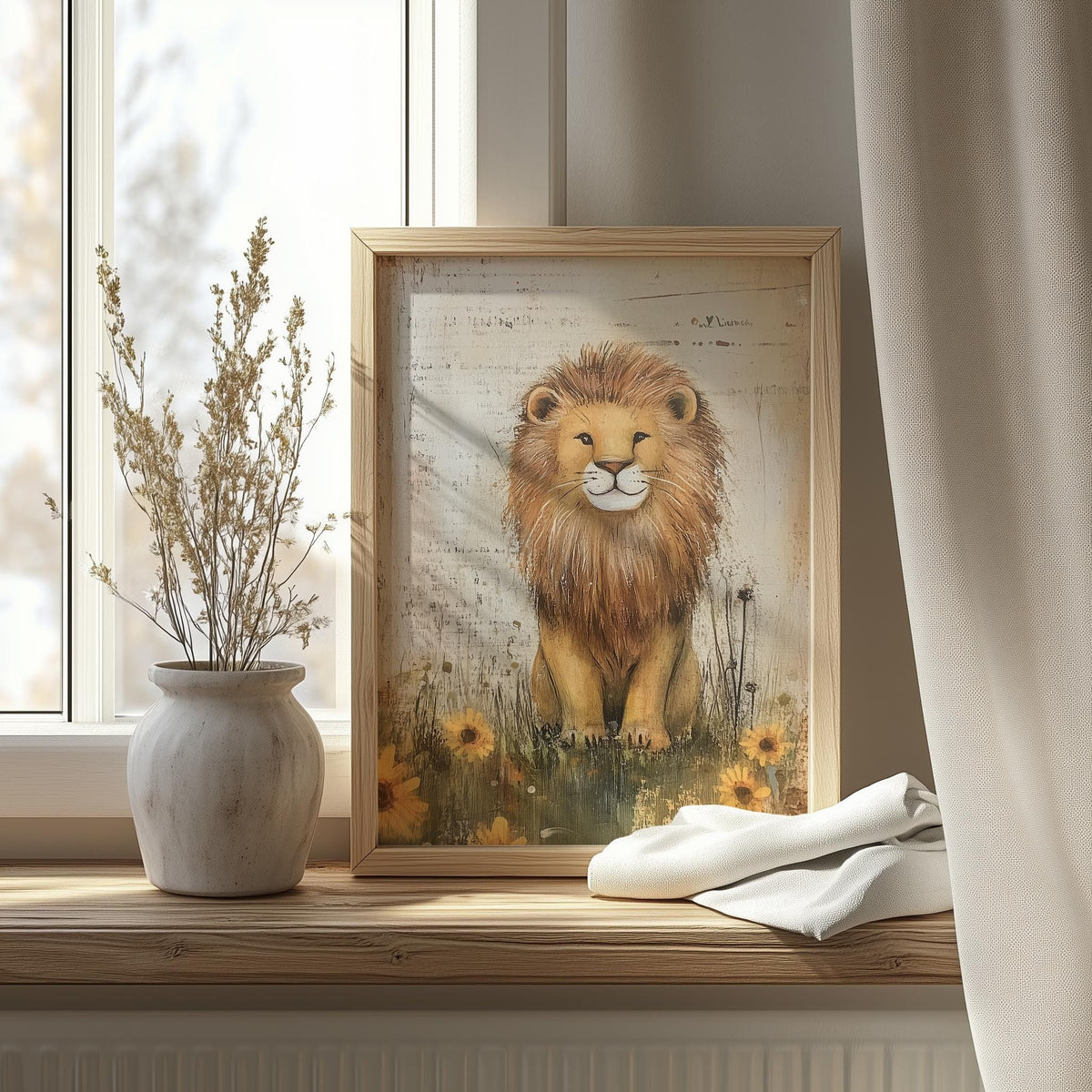 Wildflower Lion animal art print shown in a room setting