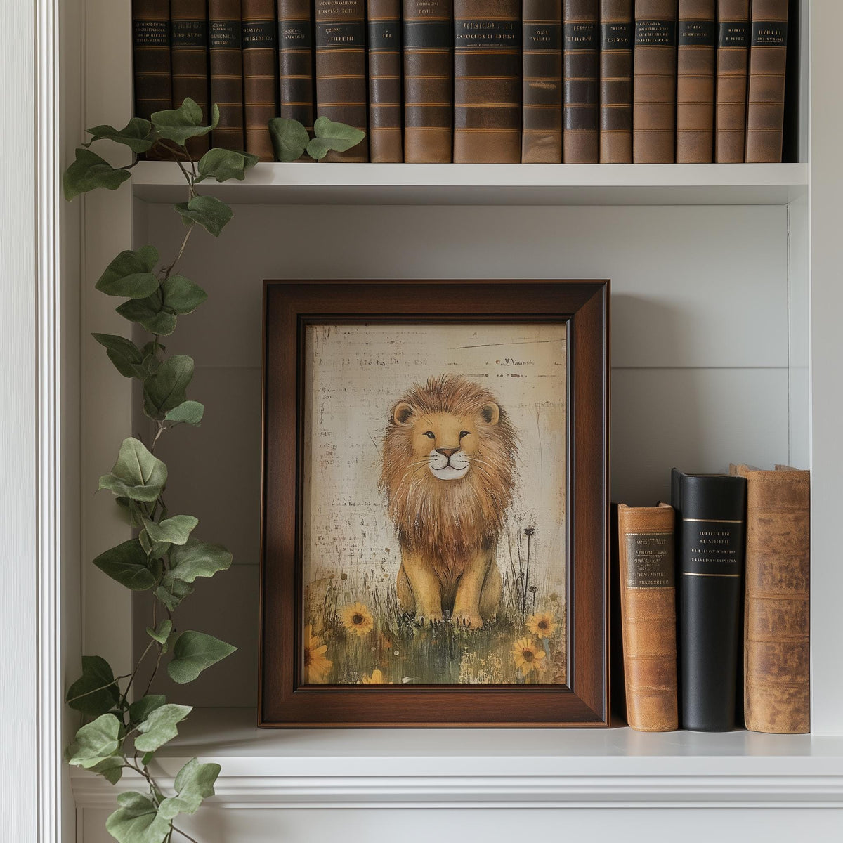Wildflower Lion animal art print shown in a room setting